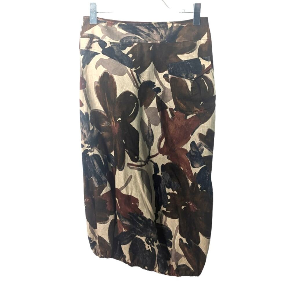 Krizia Vintage Y2K  Midi Skirt Linen Brown Floral Elastic Bubble Hem Size 40